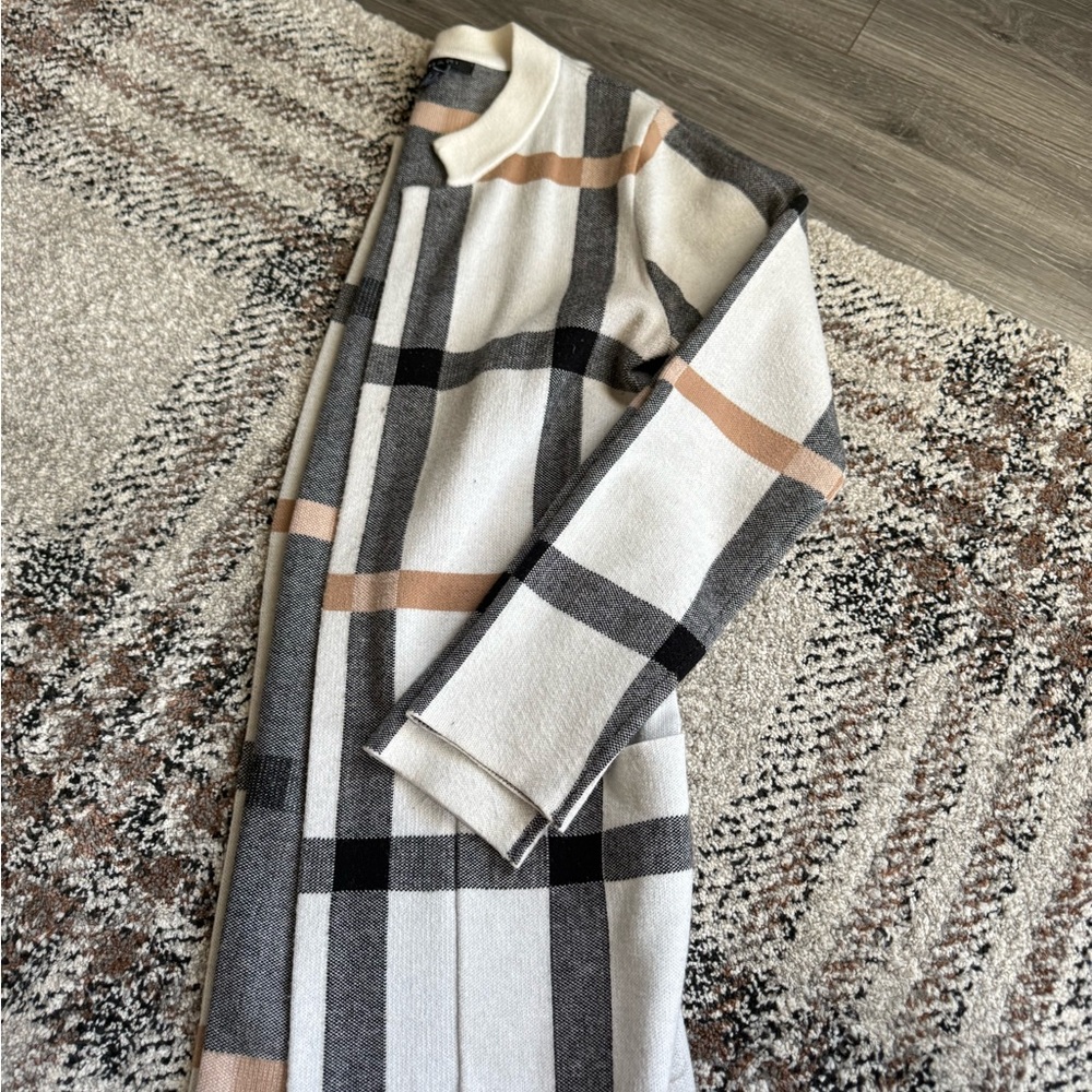 Tahari Plaid Pea Coat in Cream, Gray, and Tan